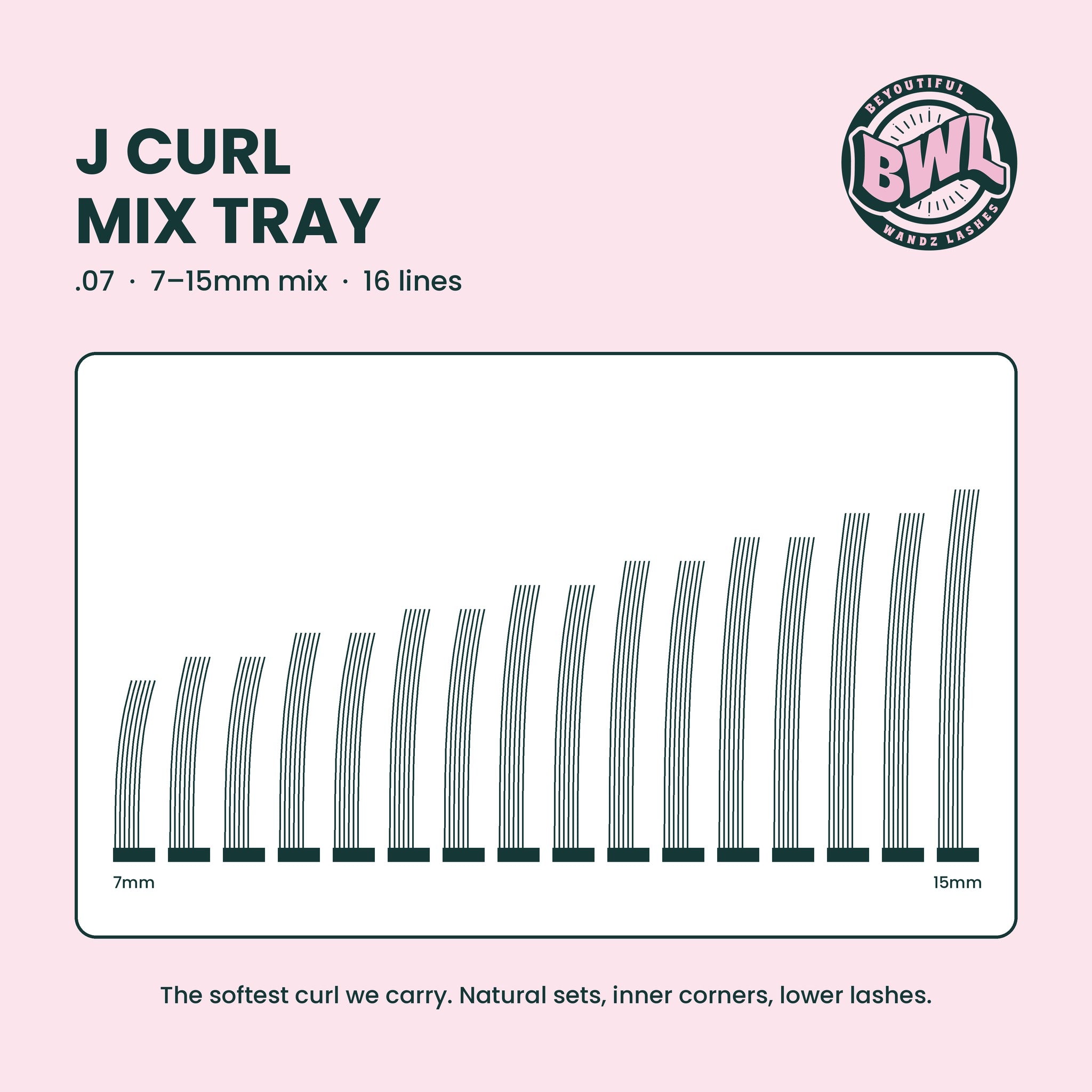 J Curl Lash Mix Tray .07, 7-15mm by Beyoutiful Wandz Lashes